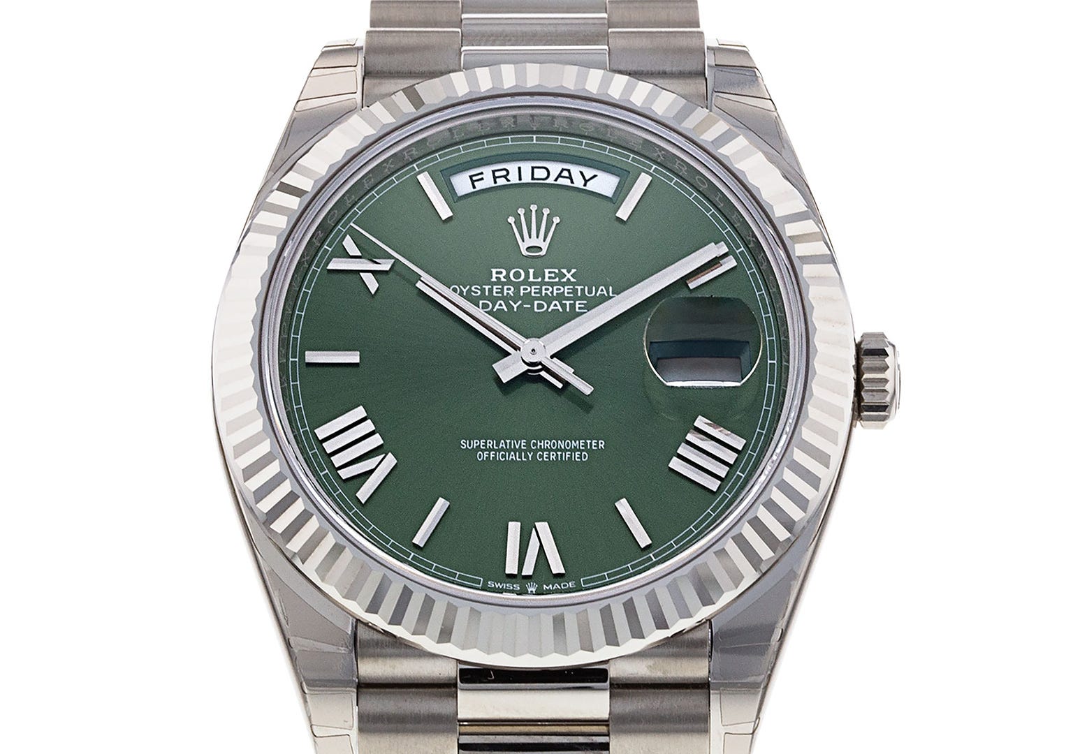 This Day-Date 40 reference 228239 in white gold is part of the current collection